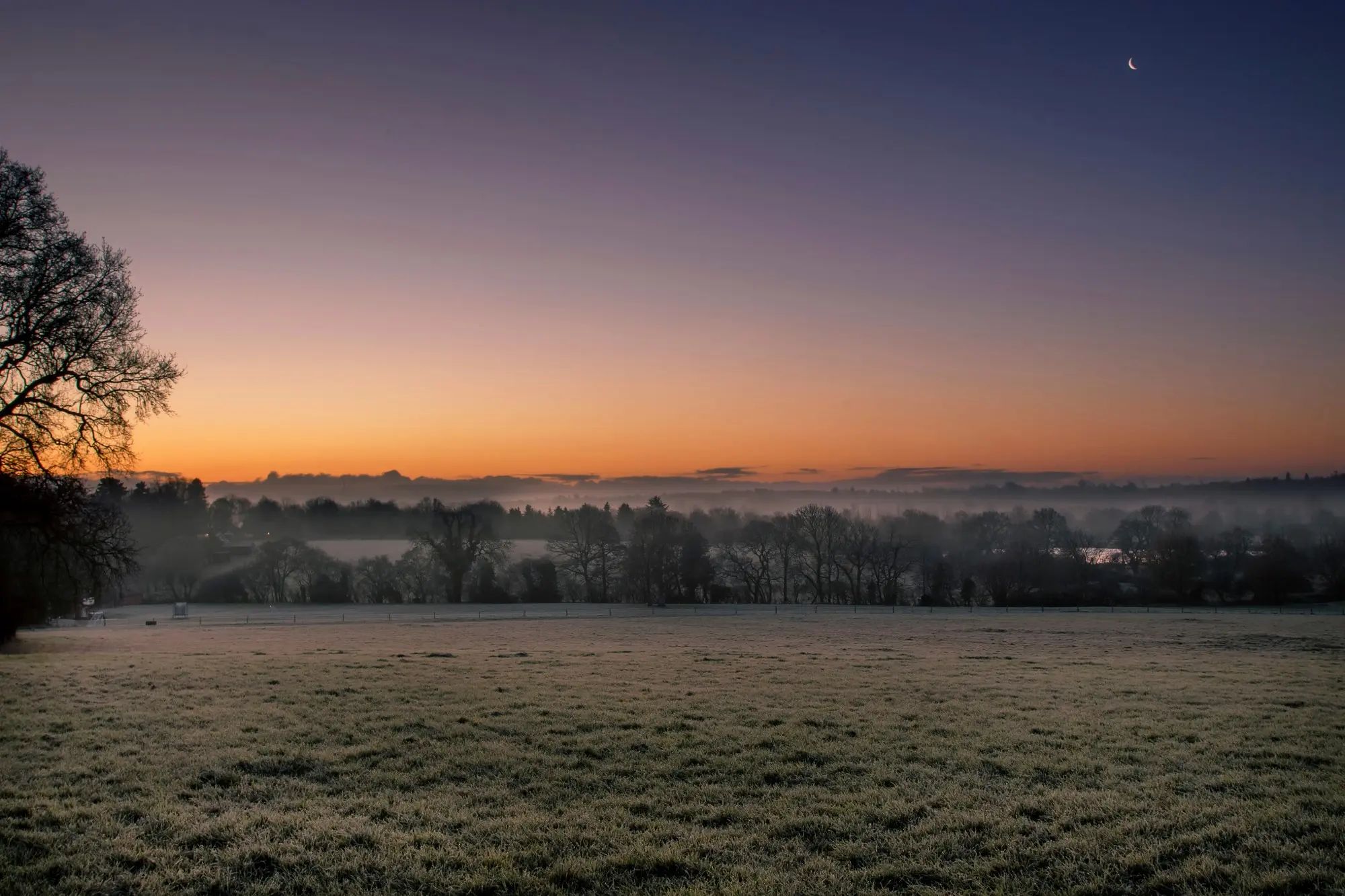 Winter dawn over a frosted meadow in Dedham Vale, Essex